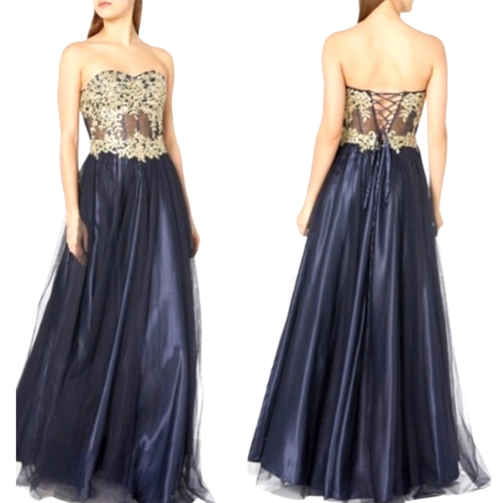 BLONDIE NITES Gold Applique Illusion Corset Navy Ball Gown Strapless Junior Sz 1